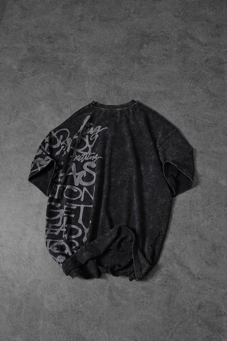 Men's Burgundy Graffiti Side Print Special Washed Fabric Oversize T-Shirt"