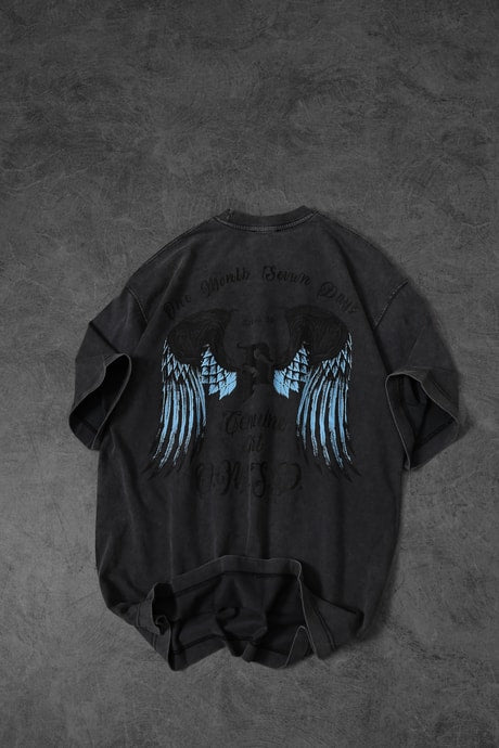 "Men's Anthracite Wings Special Washed Fabric Oversize T-Shirt"