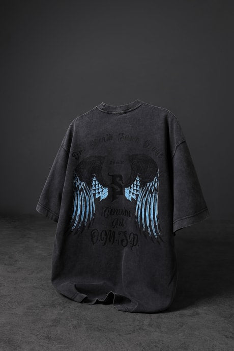 "Men's Anthracite Wings Special Washed Fabric Oversize T-Shirt"