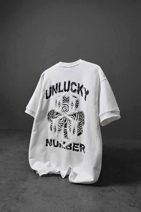 "Men's White Unlucky Print Oversized T-shirt"