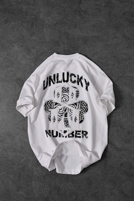 "Men's White Unlucky Print Oversized T-shirt"