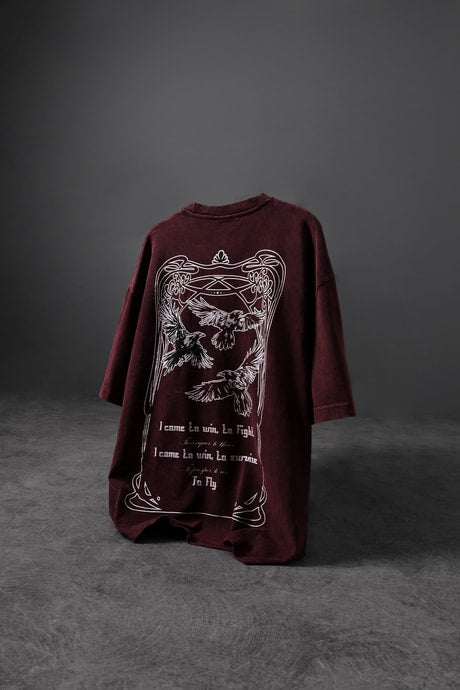 "Men's Burgundy TO FLY Special Washed Fabric Oversize T-Shirt"