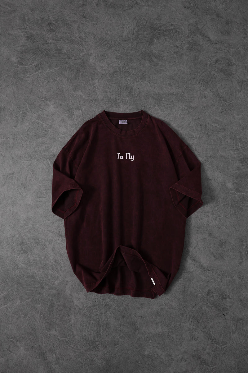 "Men's Burgundy TO FLY Special Washed Fabric Oversize T-Shirt"